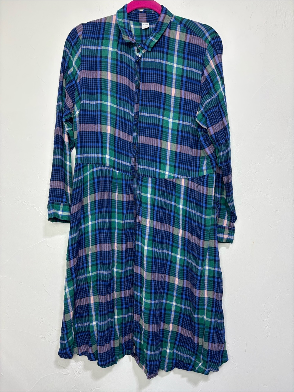 Old Navy XL FLAW HOLE Women's Shirt Dress Plaid Button Front Long Sleeve Blue